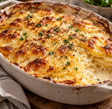 Goldbraun überbackenes Kartoffelgratin in einer weißen Auflaufform